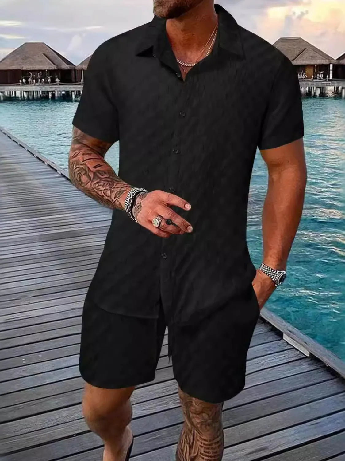Men's Full Size Collared Neck Short Sleeve Top and Shorts Set Plus Size - kinko