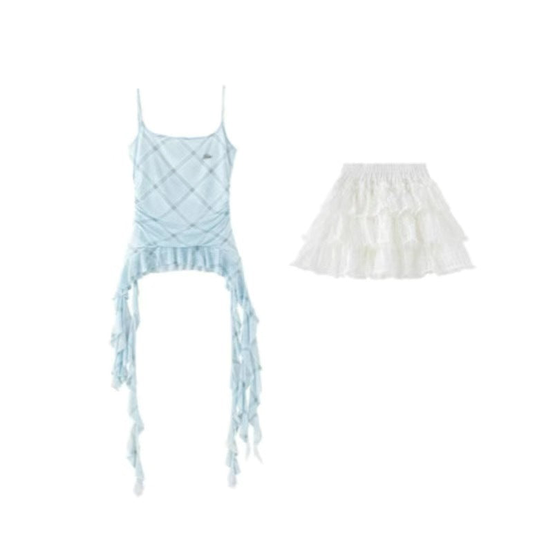 Blue Suit Mesh Stretch Slim Strap Top Lace Cake Dress - kinko