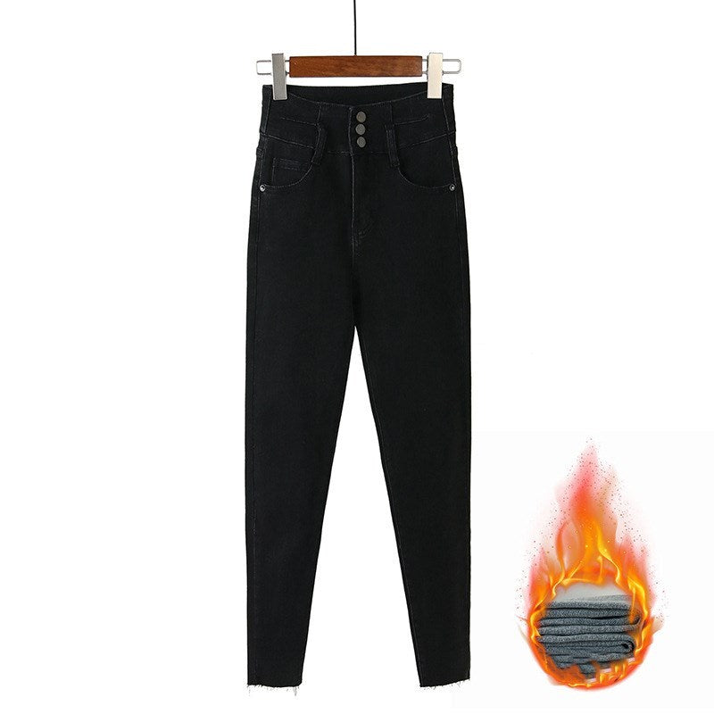 Fleece high waist jeans women's feet fall and winter