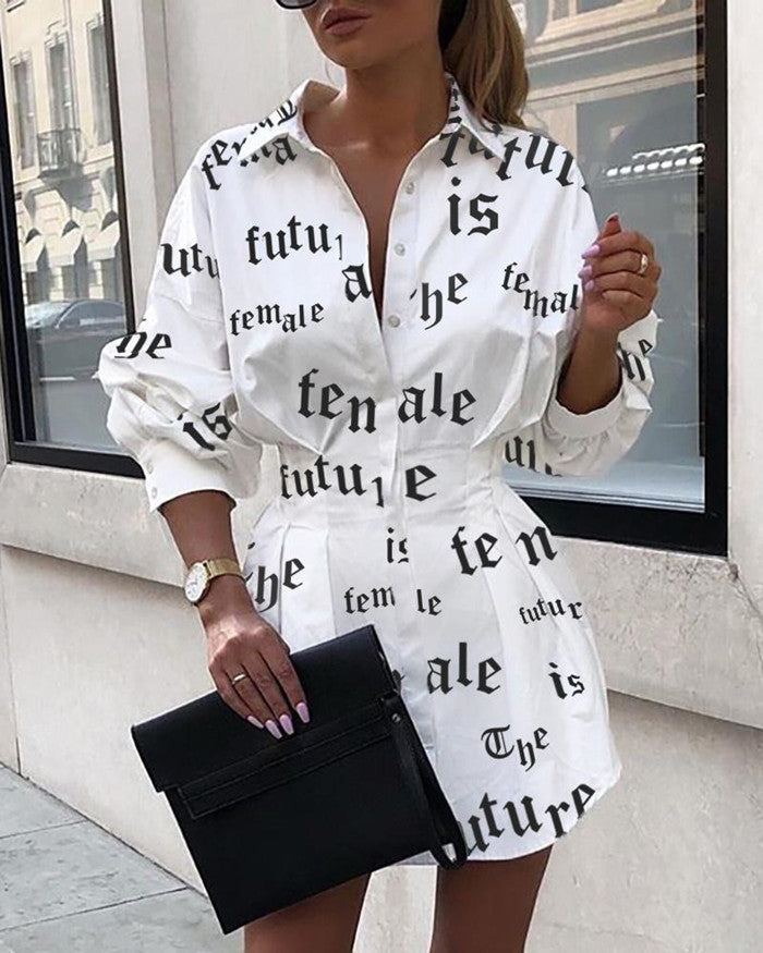 Print shirt dresses with a tight waist - kinko