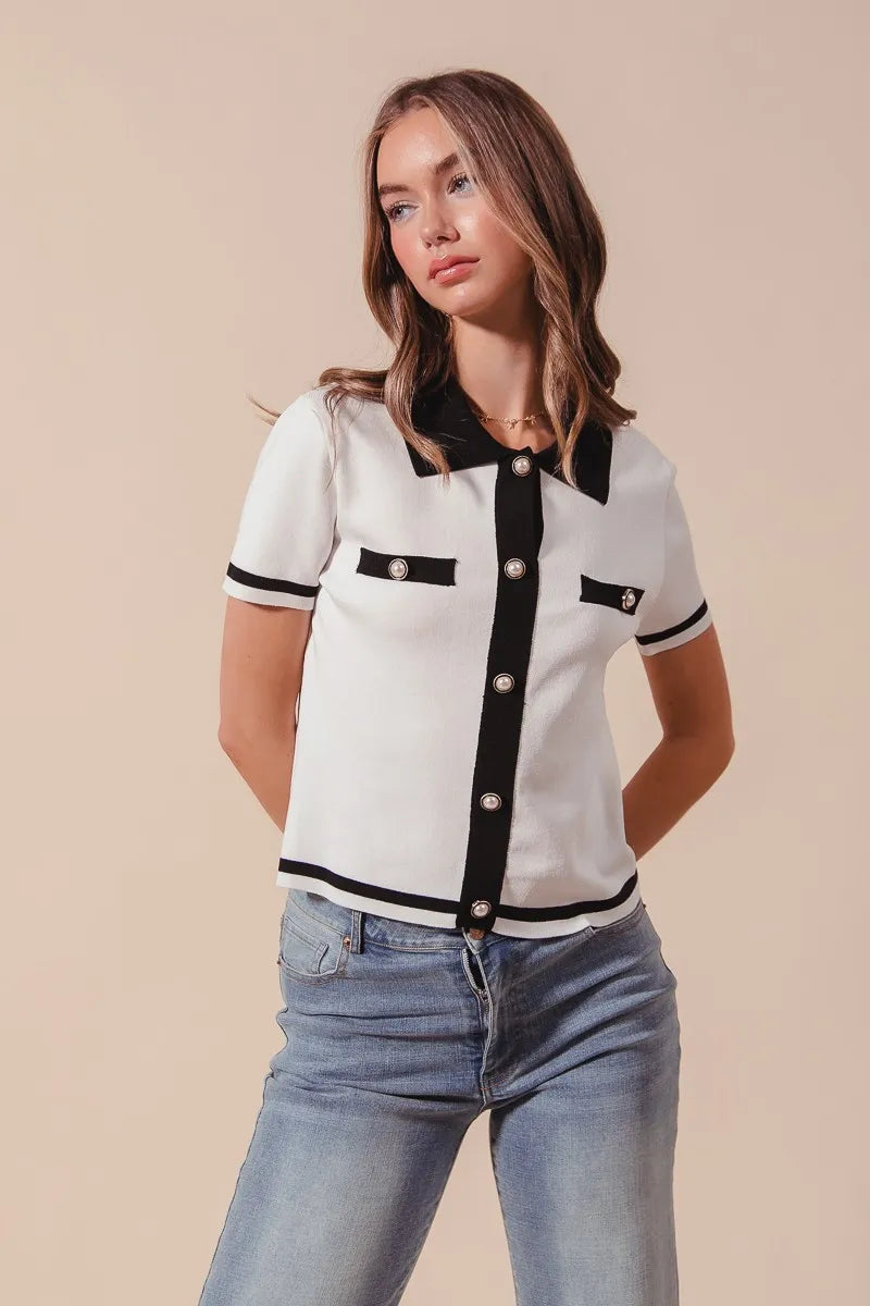 SO ME Button Down Knitted Sweater Shirt Top - kinko