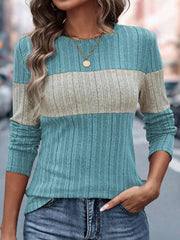 Color Block Round Neck Long Sleeve Sweater - kinko
