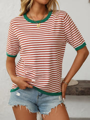 Mandy Striped Round Neck Half Sleeve Knit Top - kinko