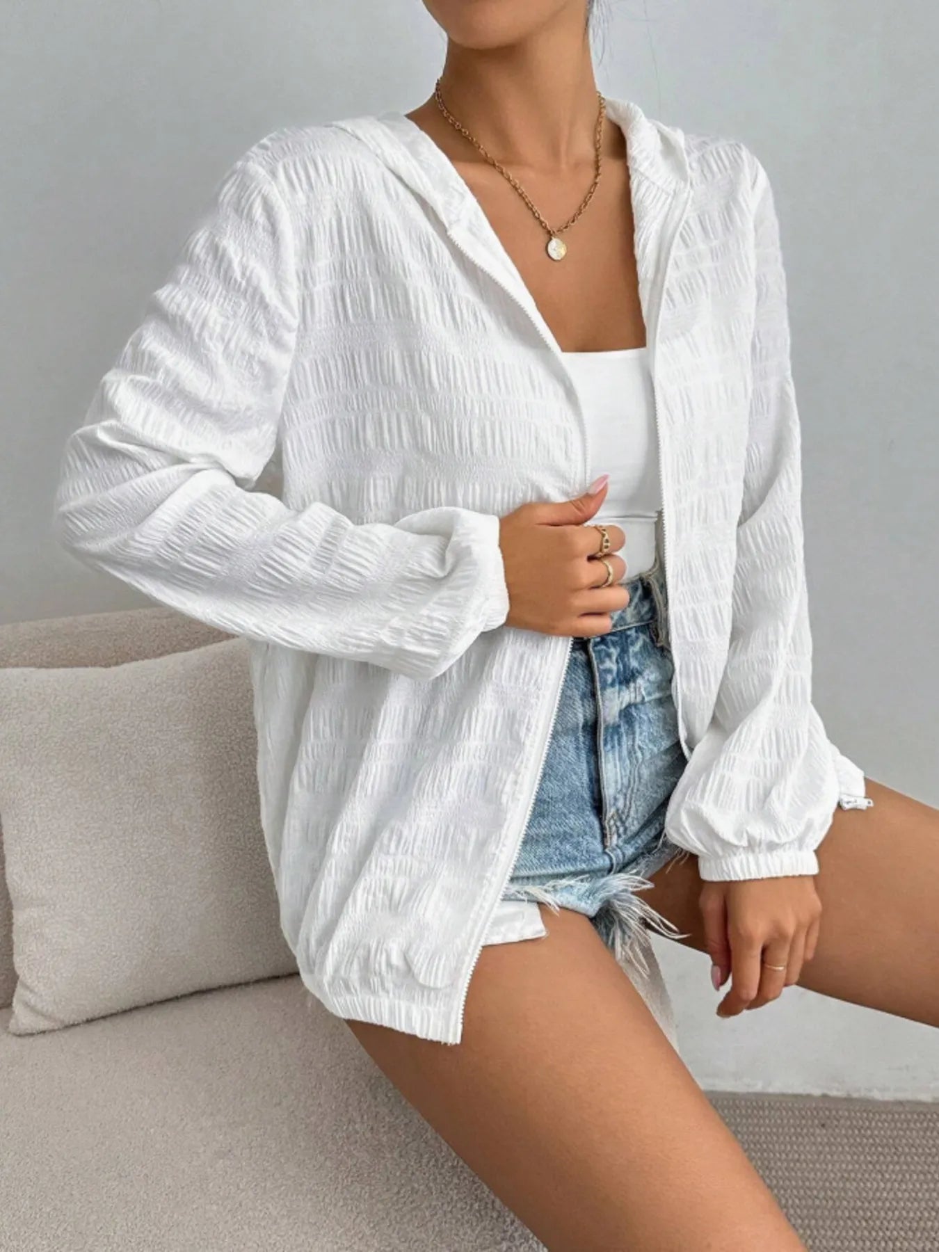 Zip Up Long Sleeve Hooded Outerwear - kinko