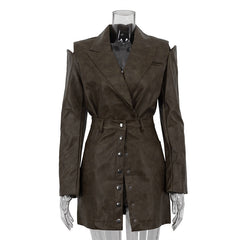 Vintage PU Leather Hollow Out Long Sleeve Top Skirt Suit - kinko