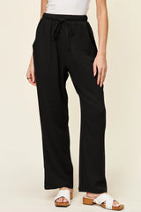 Double Take Full Size Texture Drawstring Straight Pants - kinko