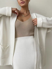 Pocketed Long Sleeve Cardigan and Skirt Sweater Set - kinko