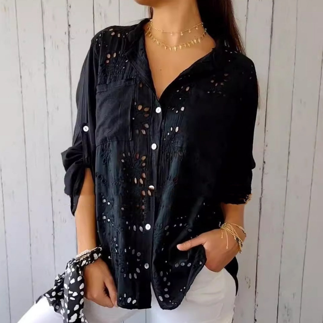Women's Casual Hollow-out Design Pocket Long Sleeve Button-down Shirt - kinko