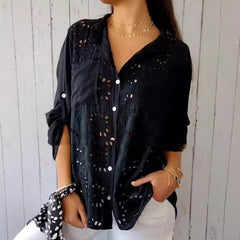 Women's Casual Hollow-out Design Pocket Long Sleeve Button-down Shirt - kinko