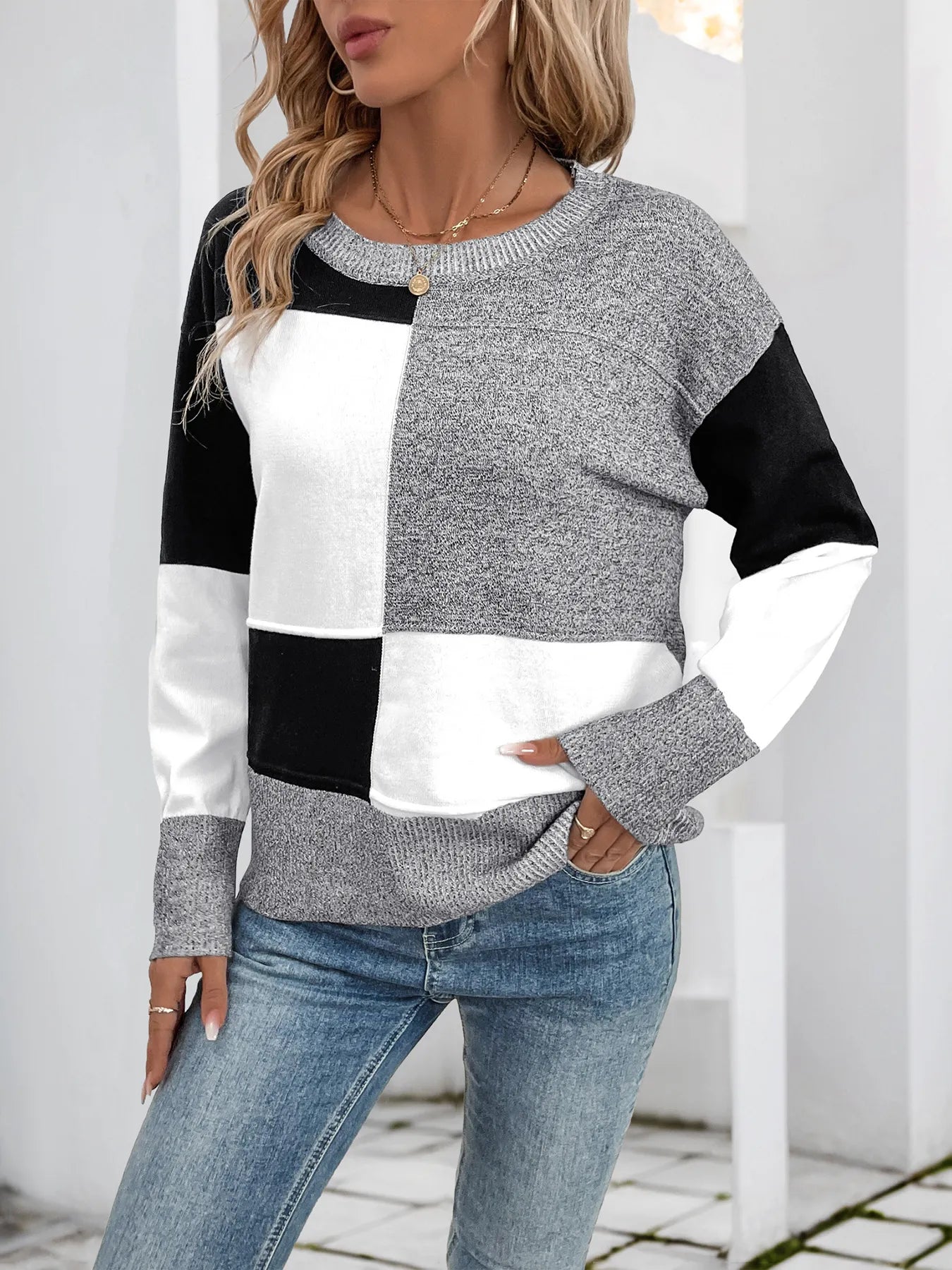 Color Block Knit Long Sleeve Sweater - kinko