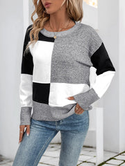 Color Block Knit Long Sleeve Sweater - kinko