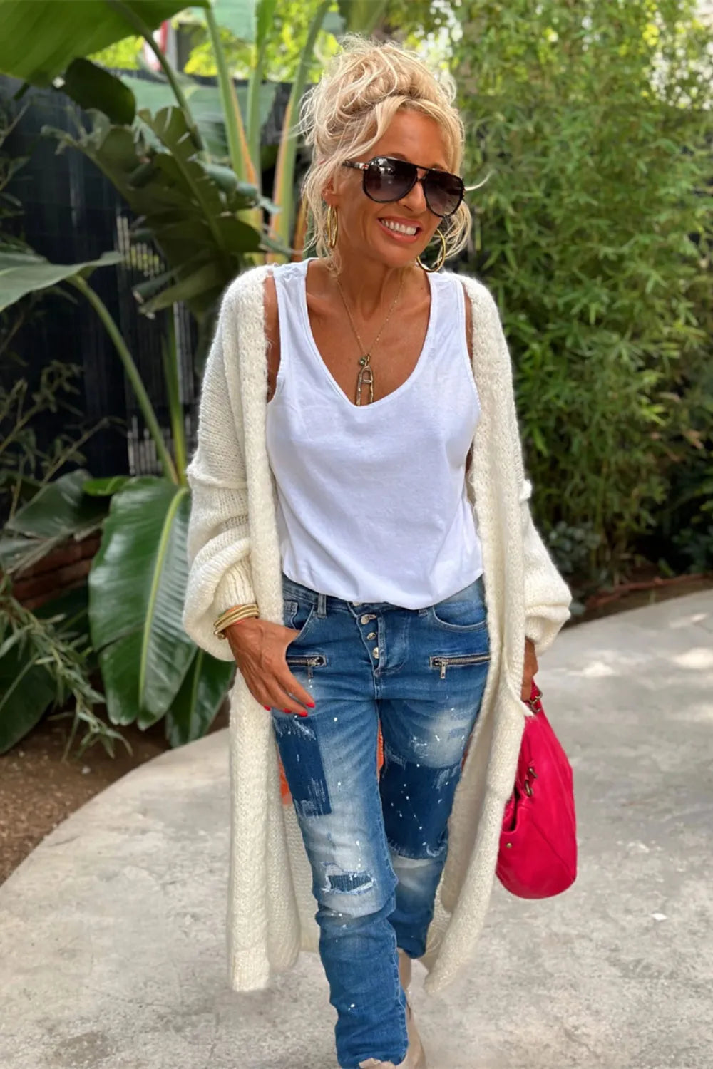 Letter Dropped Shoulder Long Sleeve Cardigan - kinko