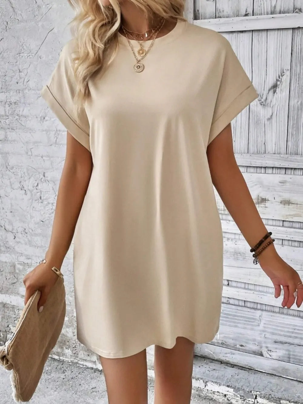 Pocketed Round Neck Short Sleeve Dress - kinko