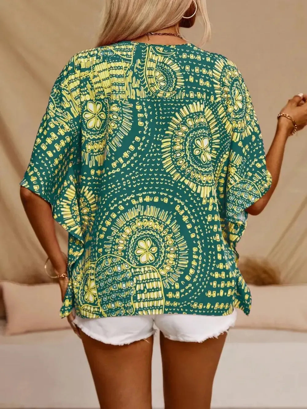 Printed V-Neck Half Sleeve Top - kinko