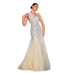 One-shoulder Diagonal Collar Slim-fit Sheath Sequined Slit Evening Dress - kinko