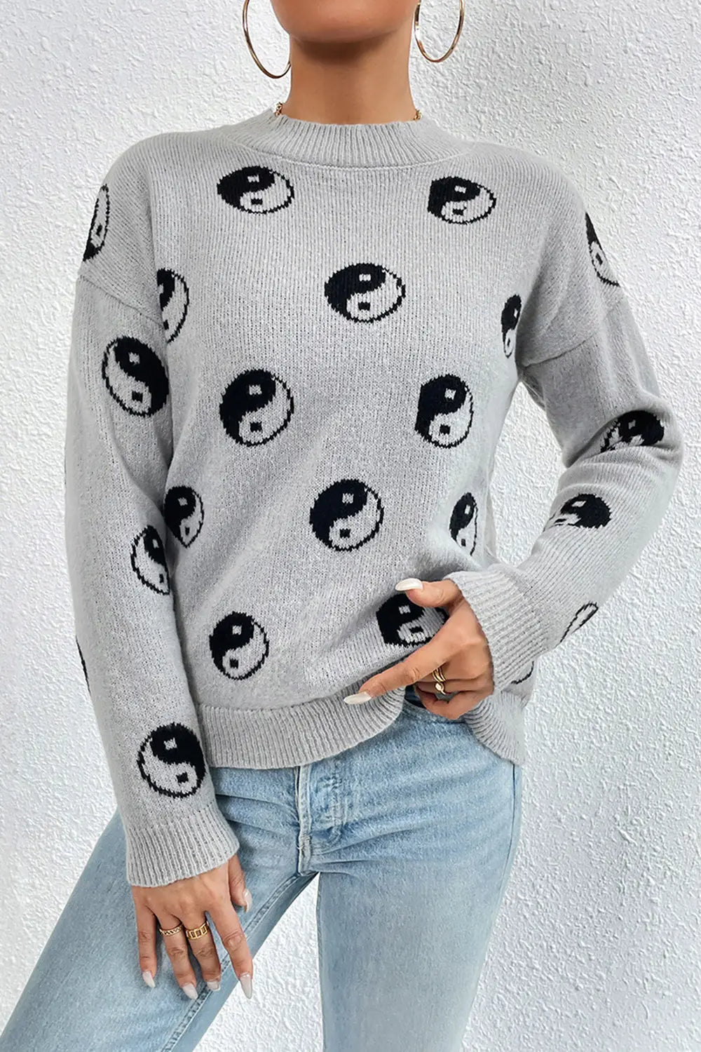 Graphic Mock Neck Dropped Shoulder Sweater - kinko