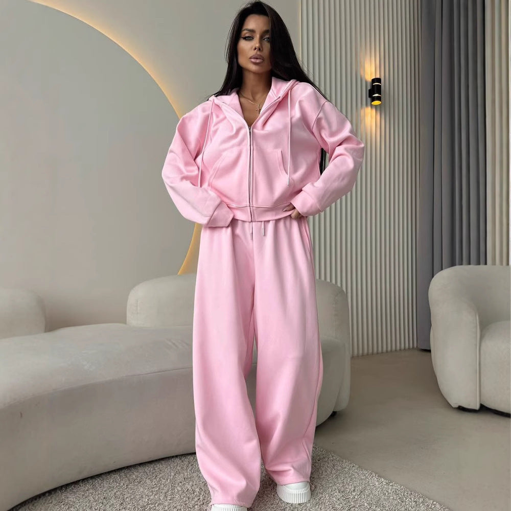 European And American Solid Color Long Sleeve Zipper Cardigan Hoodie Lace-up Trousers Two-piece Set - kinko