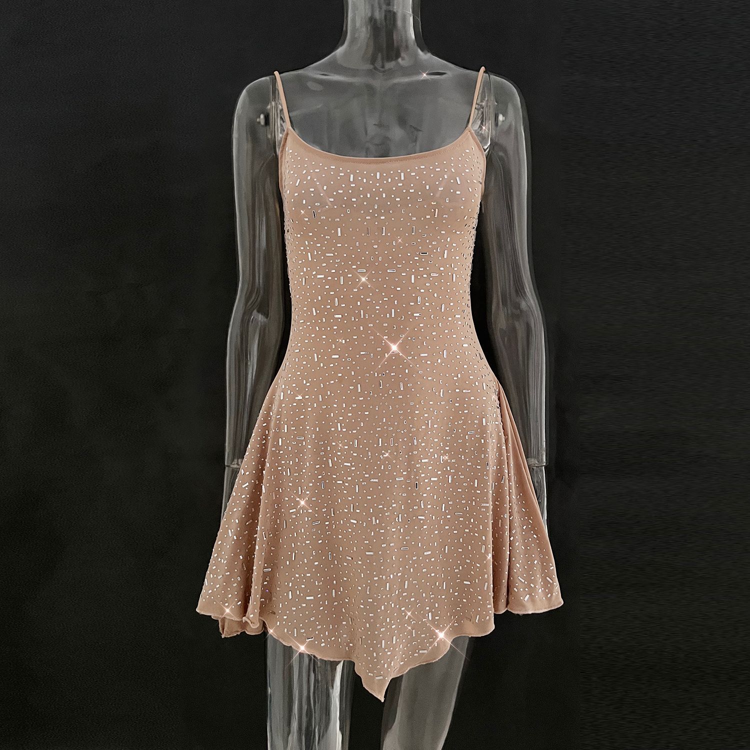 Trendy Rhinestone Sheer Party Dress - Women's Sexy Mini - kinko