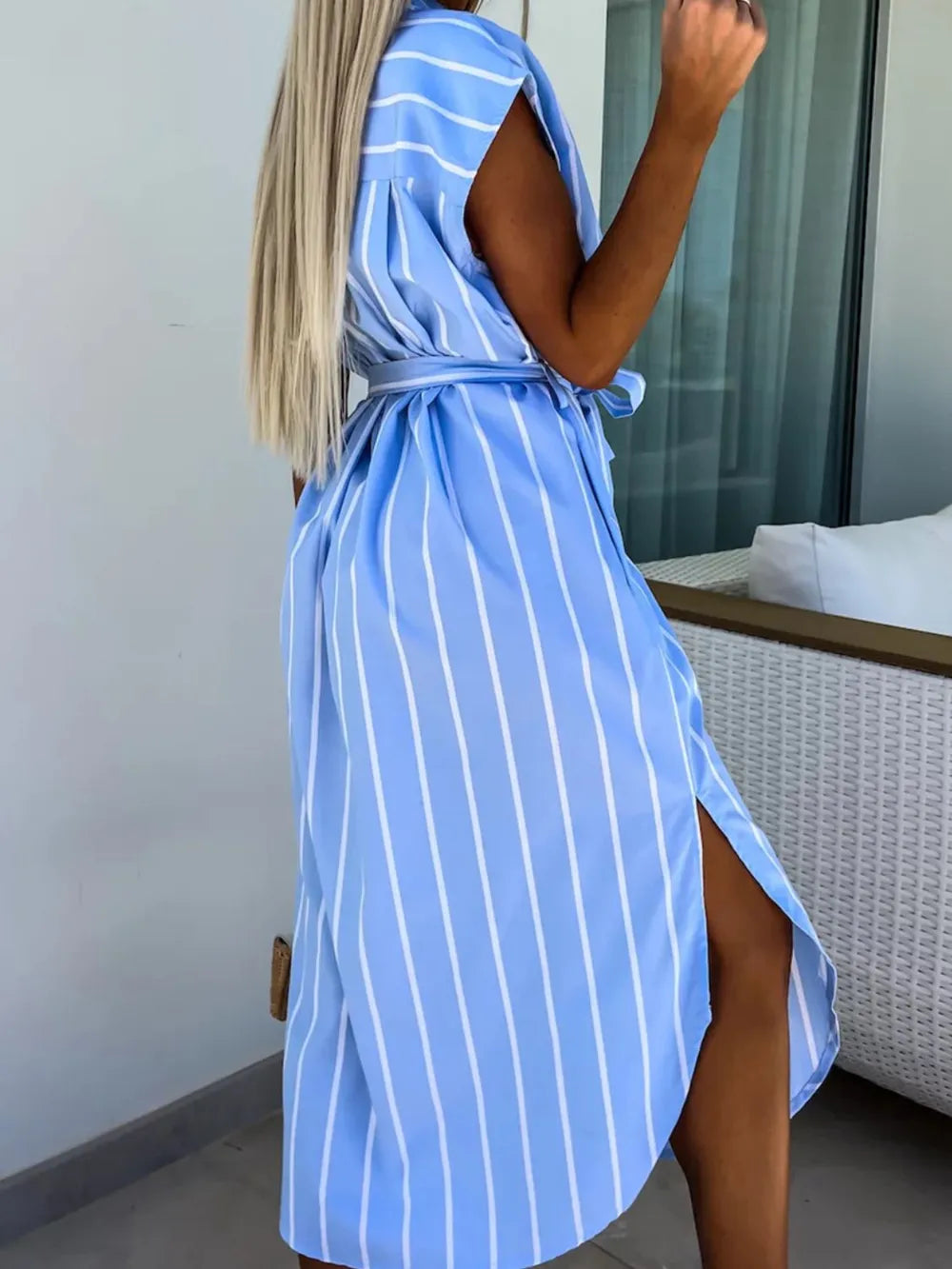Striped Tie Waist Short Sleeve Dress - kinko