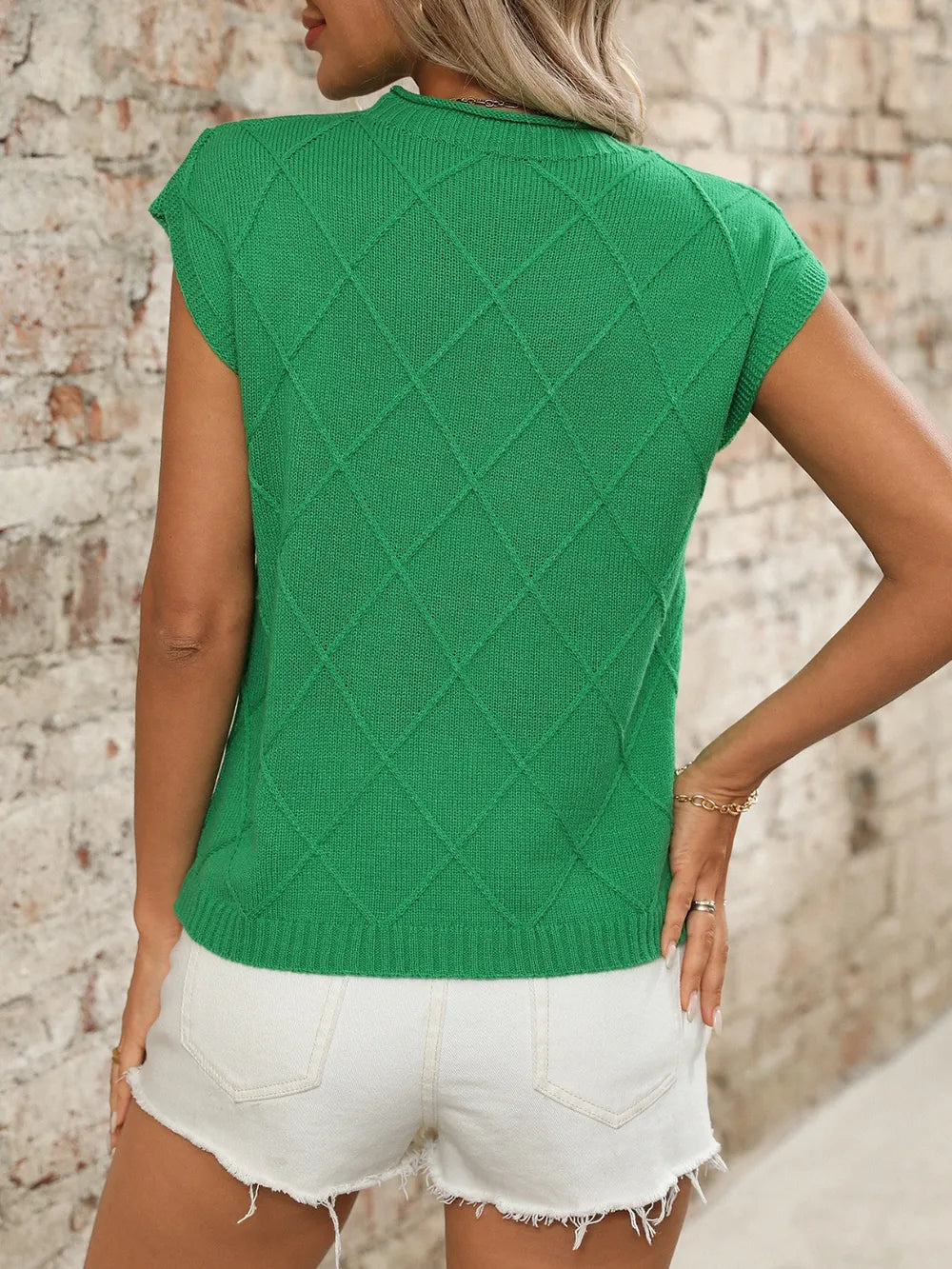 Round Neck Cap Sleeve Knit Top - kinko