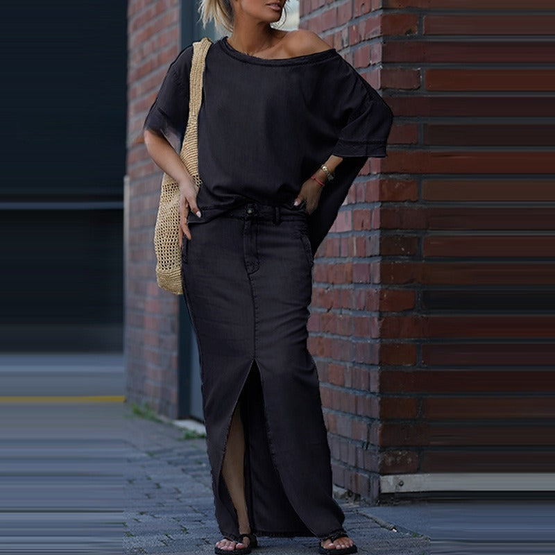 European And American Women's Fashion Tops Slit Skirt Two-piece Skirt Suit - kinko