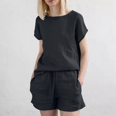 Short Sleeve Cotton Linen Retro Fashion Solid Color Top Shorts Suit - kinko