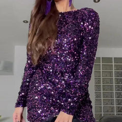 French Style Retro Crew Neck Long Sleeve Sequined Backless Dress - kinko
