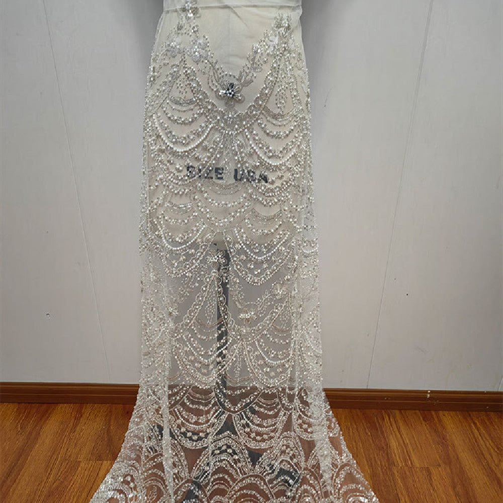 Wave Style Sequin Bead Lace Fabric Wedding Dress - kinko