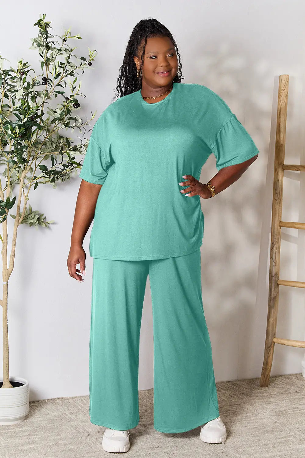 Double Take Full Size Round Neck Slit Top and Pants Set - kinko