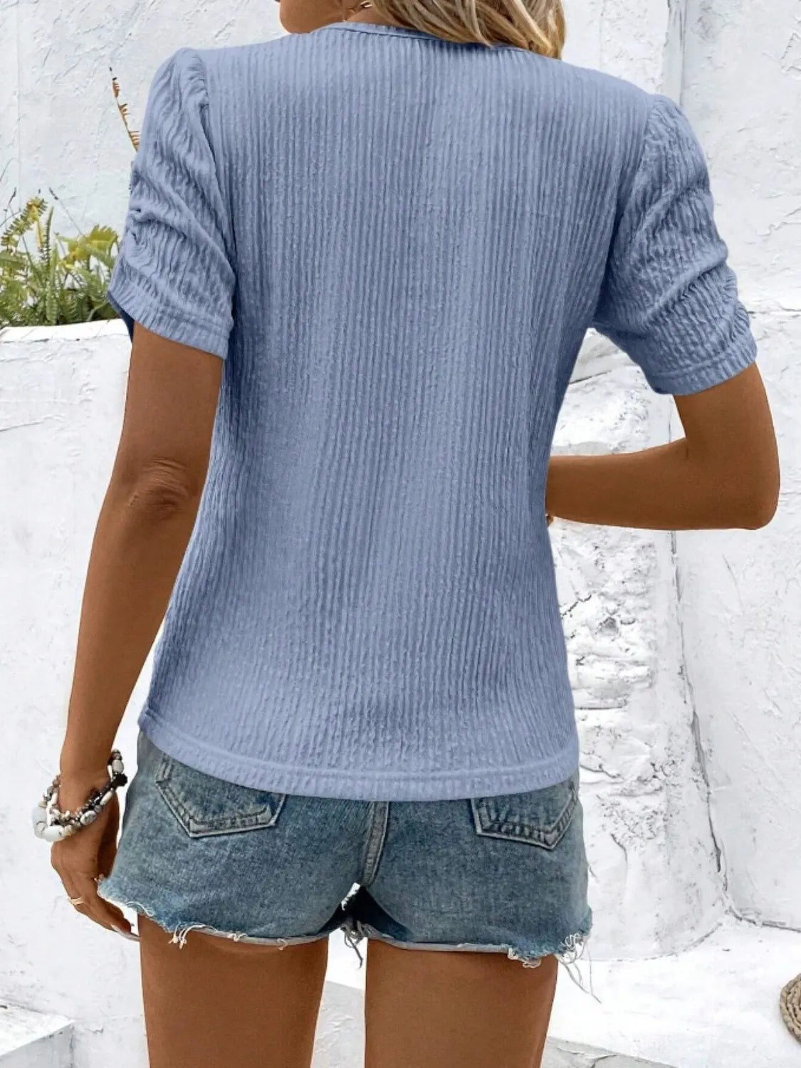 Ruched Round Neck Short Sleeve Top - kinko