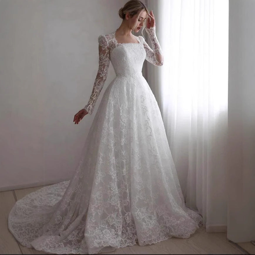Embroidered Long Sleeve Trailing Wedding Dress - kinko