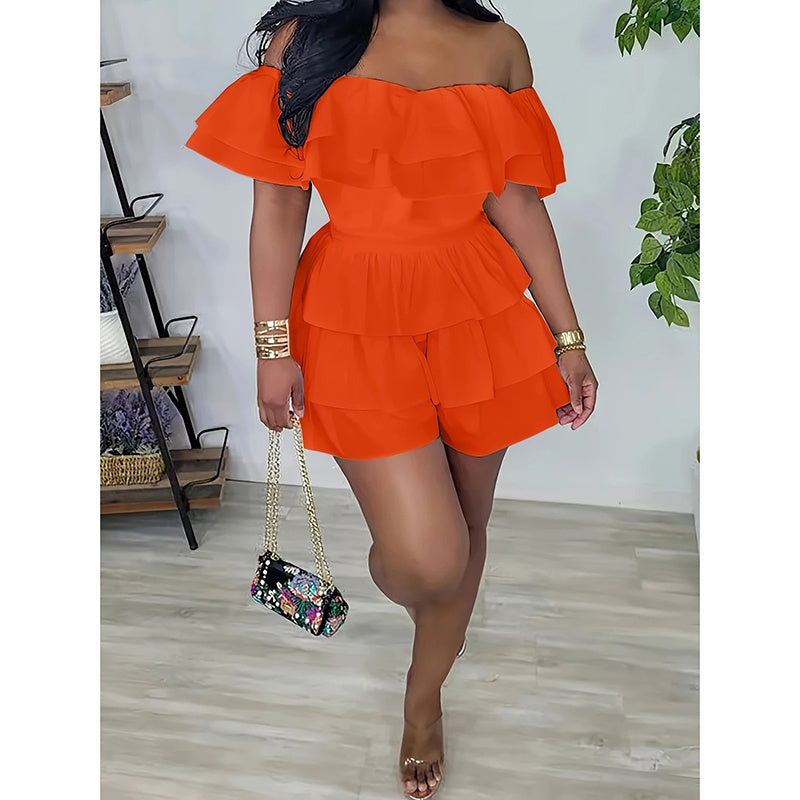 Womens Sexy Off Shoulder Rompers Summer Ruffle Short Sleeve Tiered Short Jumpsuits - kinko