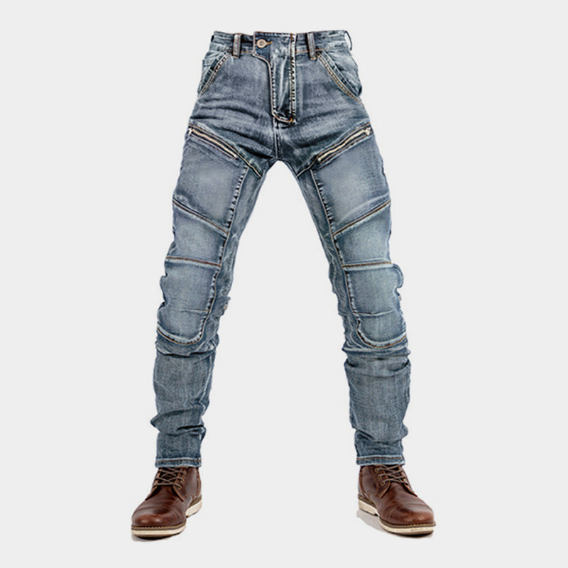 European And American Motorcycle Double Zipper Cycling Pants Four Seasons Slim Racing Anti-fall Jeans - kinko
