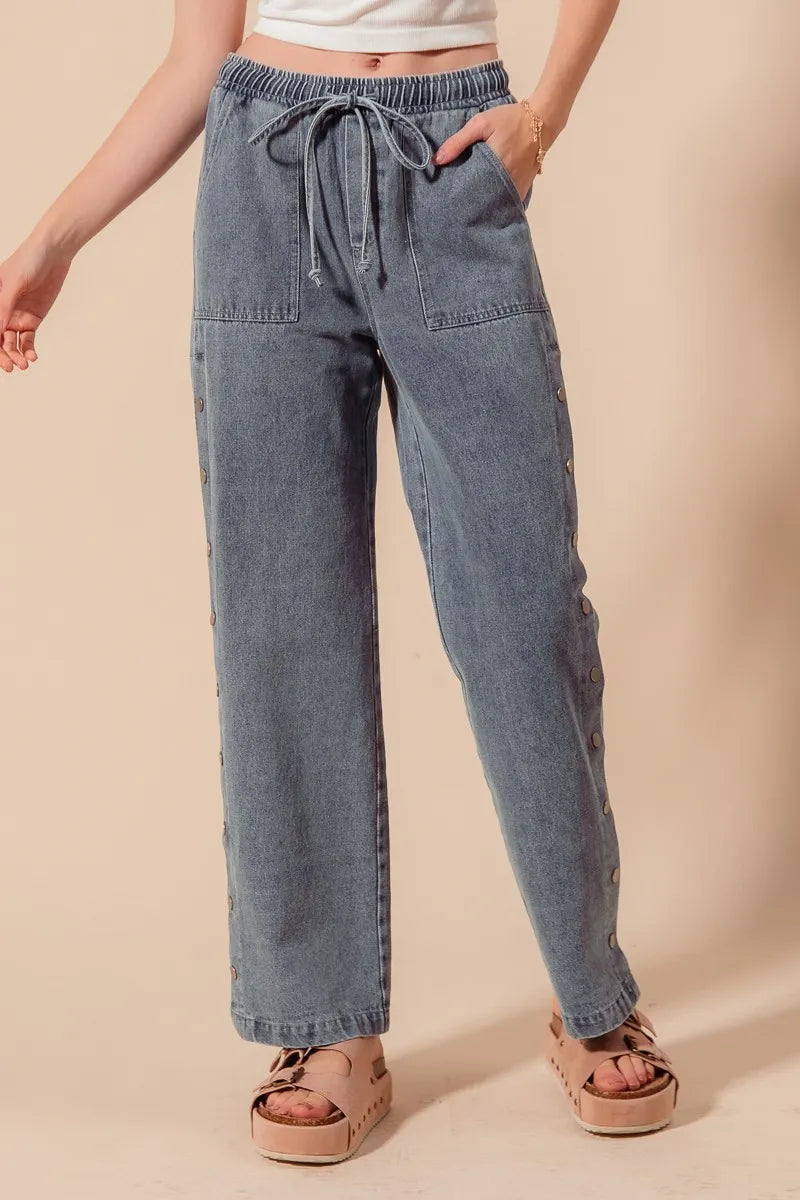 SO ME Mid Rise Drawstring Jeans with Side Snap Button - kinko