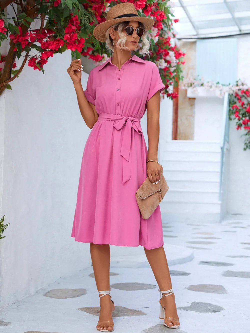 Buttoned Tie Waist Short Sleeve Dress - kinko