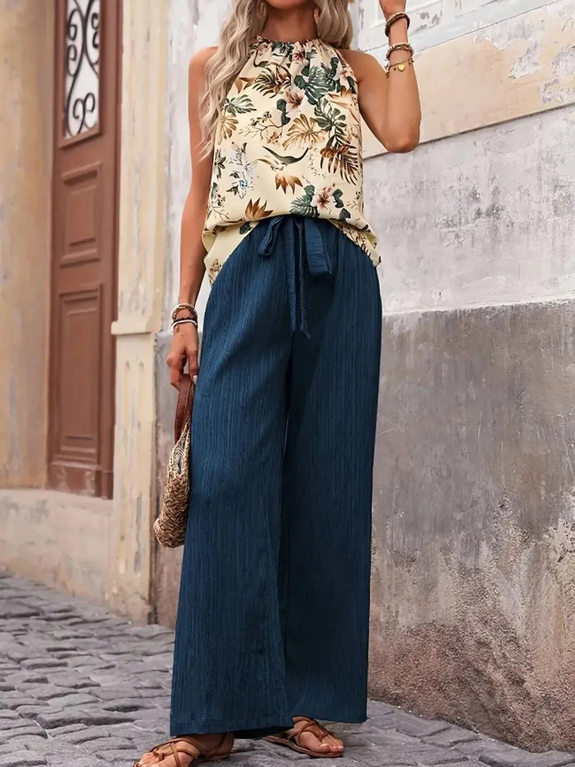Printed Tank Top and Wide Leg Pants Set - kinko
