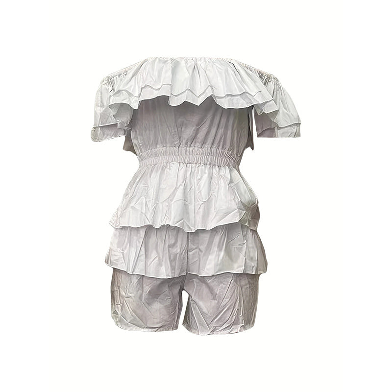 Womens Sexy Off Shoulder Rompers Summer Ruffle Short Sleeve Tiered Short Jumpsuits - kinko