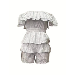 Womens Sexy Off Shoulder Rompers Summer Ruffle Short Sleeve Tiered Short Jumpsuits - kinko