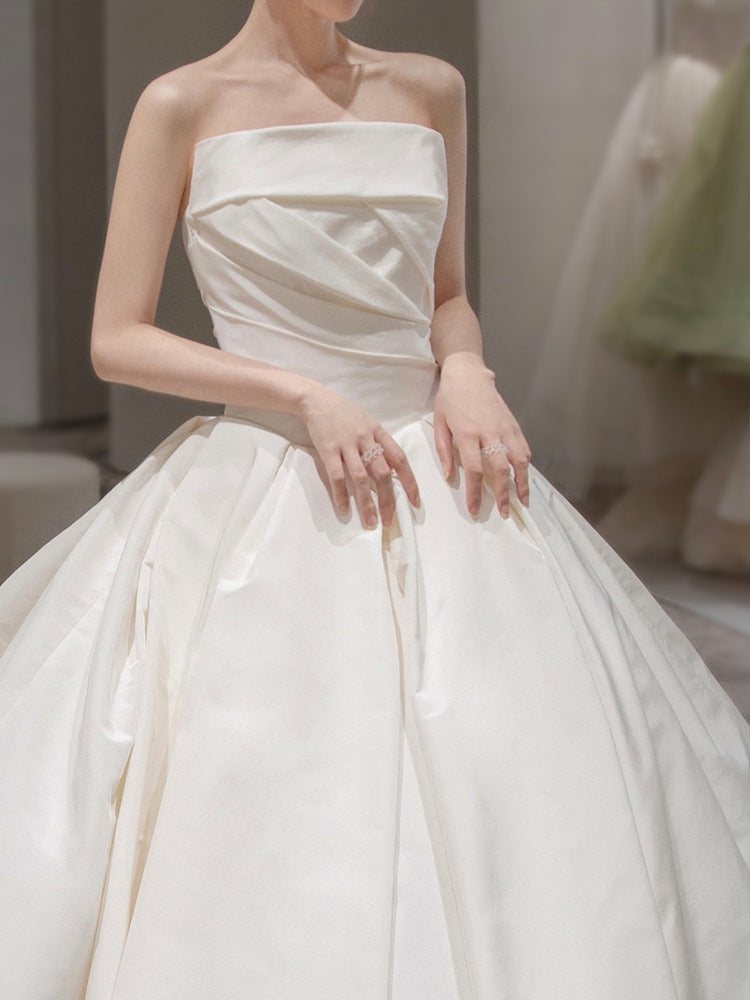 Women's Satin Tube Top Simple Elegant French Style Large Tail Elegant Wedding Dress - kinko