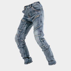 European And American Motorcycle Double Zipper Cycling Pants Four Seasons Slim Racing Anti-fall Jeans - kinko