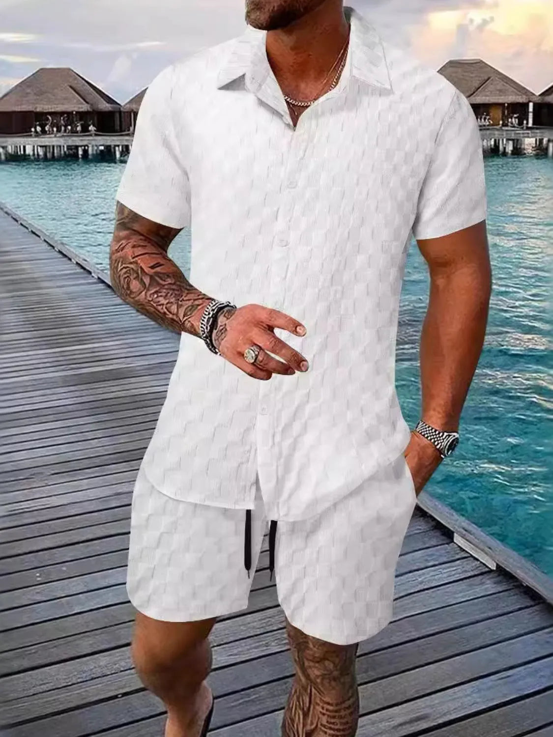 Men's Full Size Collared Neck Short Sleeve Top and Shorts Set Plus Size - kinko