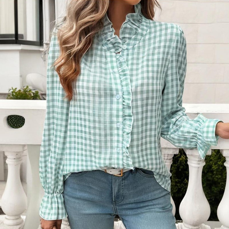 Women's French Style Checkered Button-Up Shirt - Elegant Plaid Pattern, Stand Collar With Ruffled Cuffs, Comfortable Wear - kinko