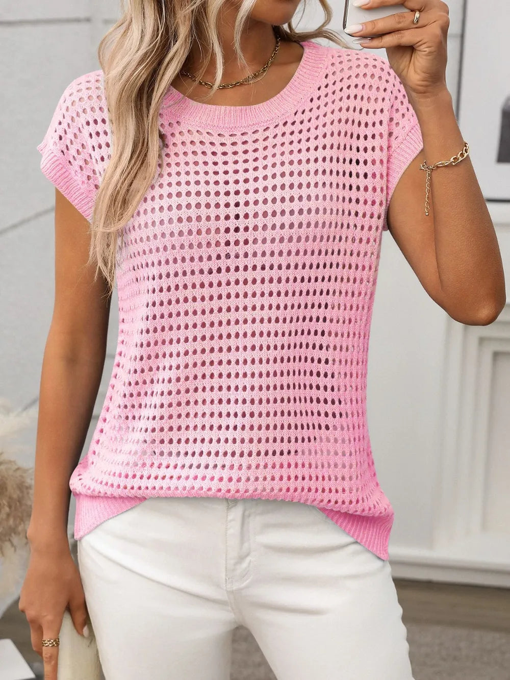 Openwork Round Neck Short Sleeve Knit Cover Up - kinko