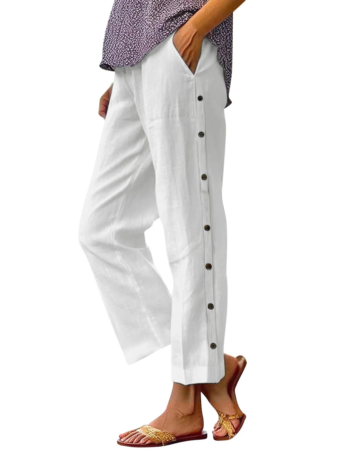 Full Size Side Decor Button Casual Wide Leg Pants Plus Size - kinko