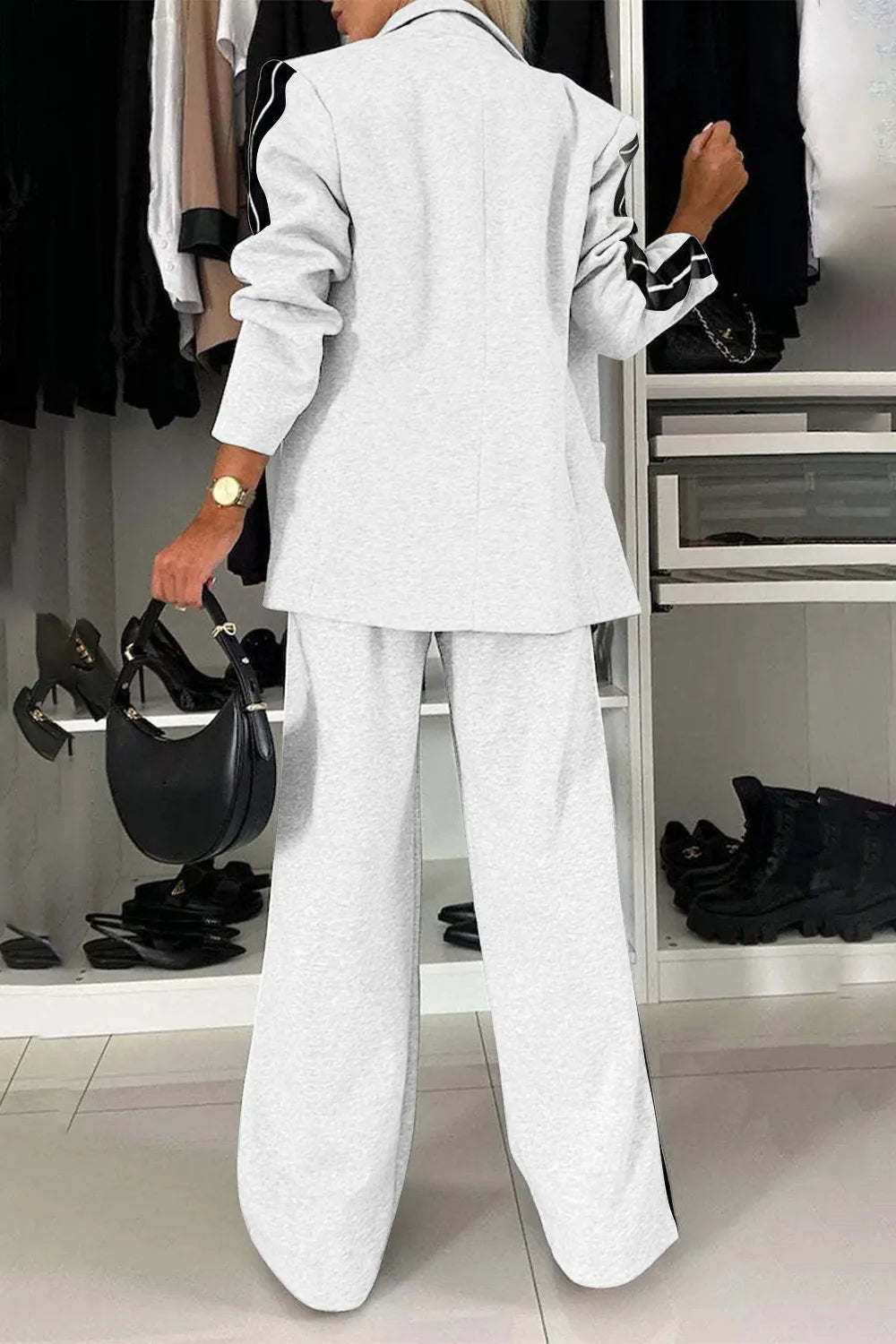 Full Size Contrast Lapel Collar Top and Pants Set - kinko
