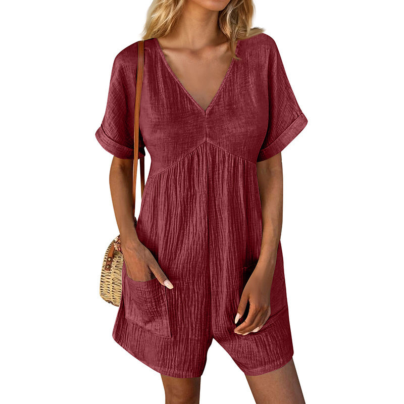 Womens Summer Romper Casual Short Sleeve V Neck Short Jumpsuits With Pockets - kinko