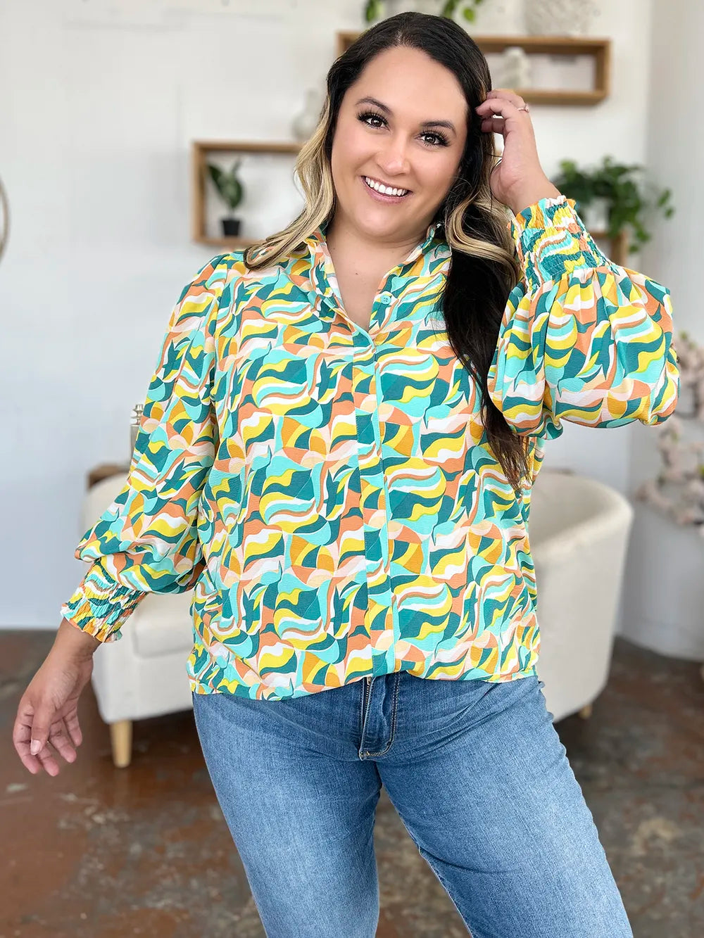 Double Take Full Size Printed Smocked Long Sleeve Blouse - kinko
