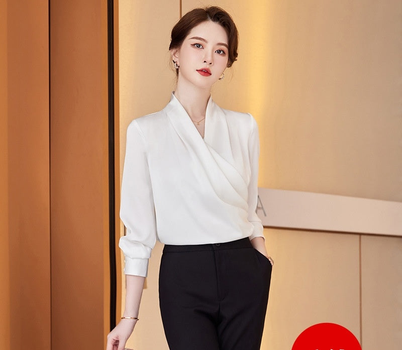 Long Sleeve V-neck New Acetate All-matching Pullover Business Wear Bottoming Shirt For Women - kinko