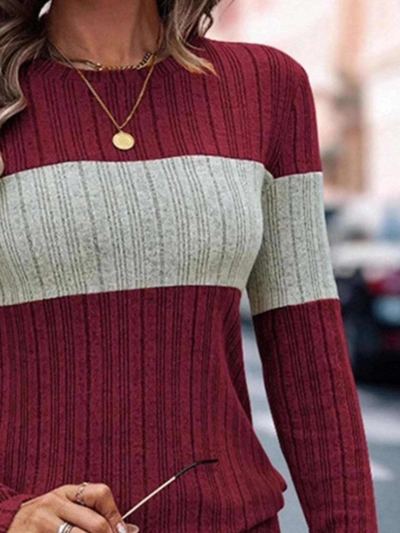 Color Block Round Neck Long Sleeve Sweater - kinko