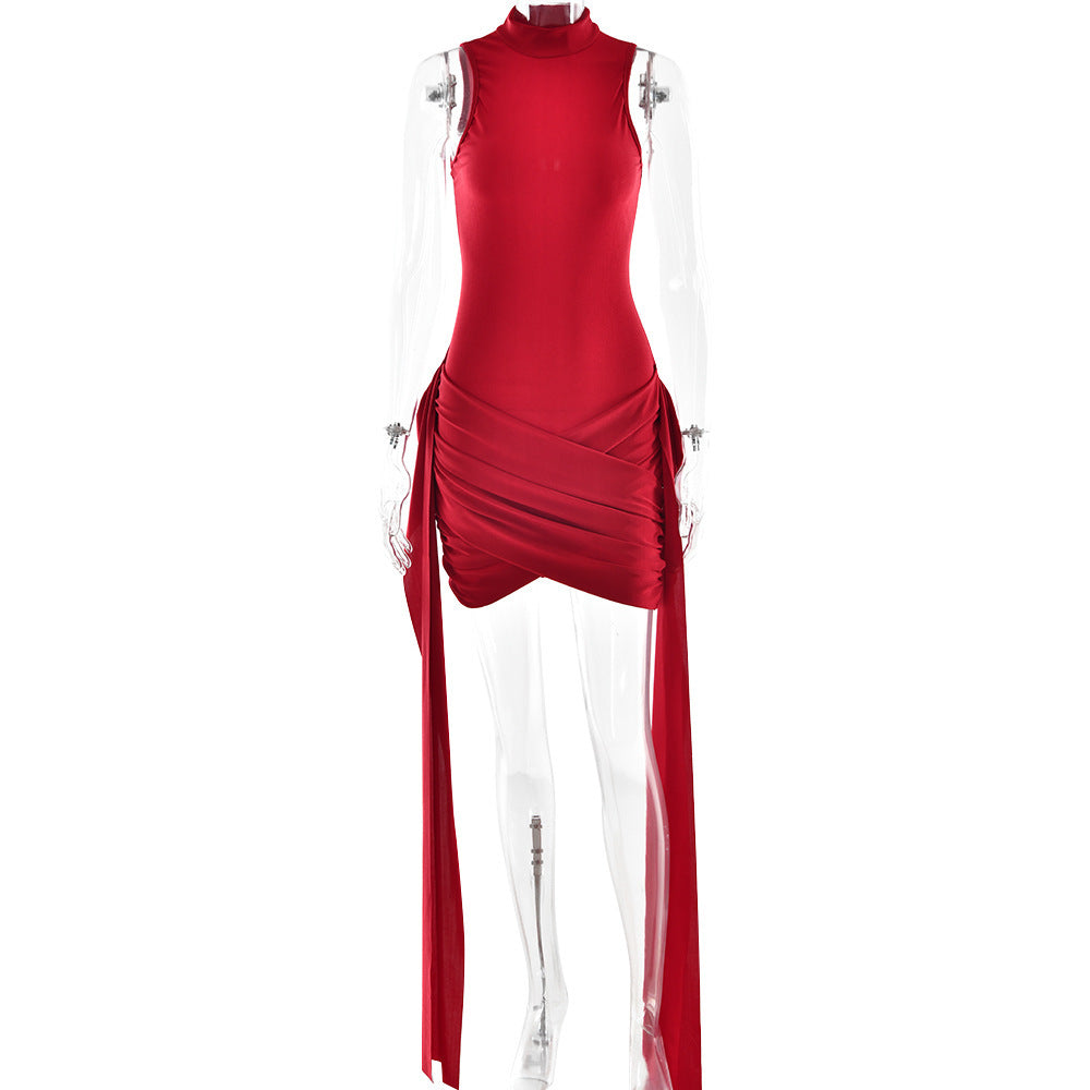 Women's Sexy Sleeveless Bodycon Mini Dress With Side Slit & Tie Detail - Stretchy Clubwear Party Dress - kinko
